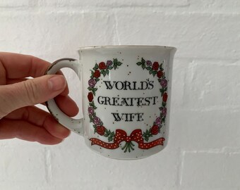 World's Greatest Wife Coffee Mug 12 oz,  Tea Cup, Christmas 80s Speckled Stoneware, 1980's Collectible Mugs, Mother's Day