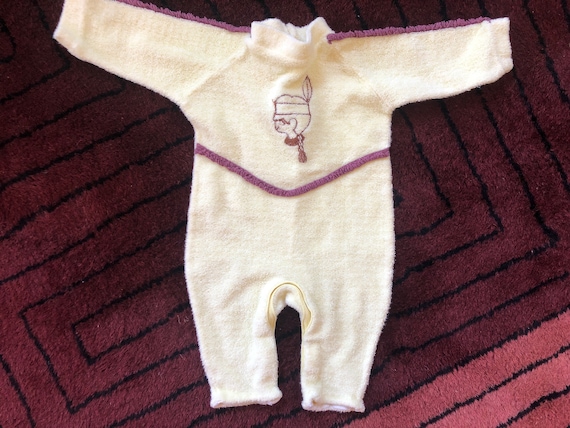 1970’s Yellow Baby Infant  Onesie Vintage Onesie Vintage Terry Cloth Onesie Onesie with Fringe Little Indian Appliquéd Onesie