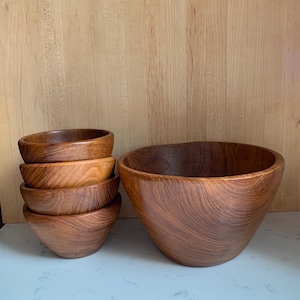 MCM Wood Salad Set, Teakwood Salad Bowls, Salad Set, Carved Wood Bowls, Wooden Salad Set, Salad Serving Set, Thailand Wooden Bowls