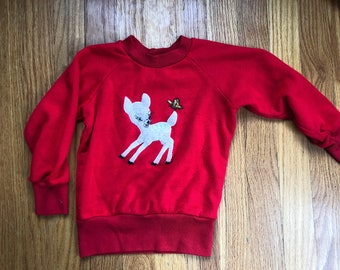 Children's Red Sweatshirt | Fuzzy Deer on Front | Vintage Toddler Clothes | Children's Vintage