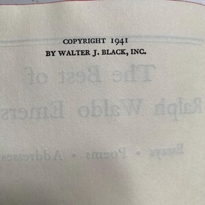 May include: Open book page with text reading "COPYRIGHT 1941 BY WALTER J. BLACK, INC." The page is off-white with a red edge. The title "The Best of Ralph Waldo Emerson" is partially visible.