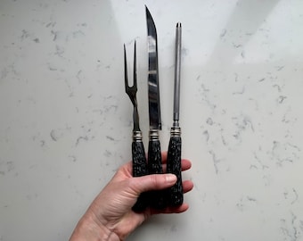 Vintage Knife Set, Plastic Black Faux Stag Handle Kitchen Knife, Sharpener and Fork, Set of 3