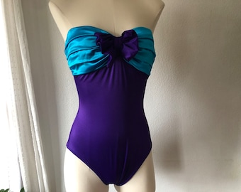 Vintage 1980's Bathing Suit, Sirena Size 14, Purple and Turquoise Strapless/Strap Suit, 1980's Swimwear, Vintage Beachwear, Made in USA
