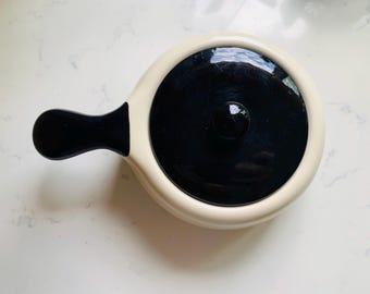 Vintage white and Black HULL Pottery Oven Proof French Handled Casserole with Lid RARE, 1950's Retro Design