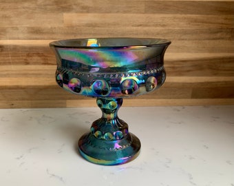 Blue Carnival Glass Compote, Indiana Glass, Kings Crown, Blue Carnival Glass, Pedestal Candy Dish, Iridescent Blue Trinket or Candle Dish