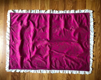 Baby Blanket Hot Pink and Gold | Small Handmade Two Sided | Yarn Tied Blanket | Kids Blanket | Handmade Vintage Toddler Blanket Play Mat