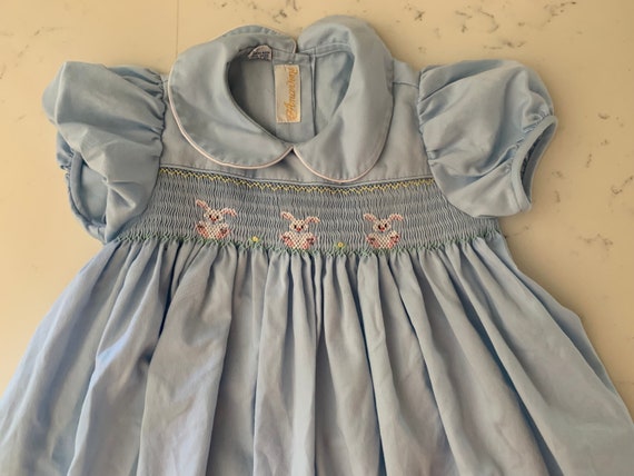 WanderlandVintageKC Vintage Anavini Smocked Light Blue Dress with Cross Stitch Bunnies Peter Pan Collar Puff Sleeve Easter Dress 4T