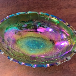 Large Green Carnival Glass Footed Centerpiece oval shaped Compote 12 x 8 1/2, Indiana Iridescent Glass image 3
