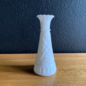 Vintage Stars and Bars White Milk Glass Bud Vase, Small 6&quot; vase, Wedding Decor, MCM Westmoreland Glass, White Pressed Milk Glass Vase