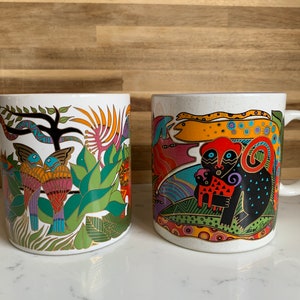 Vintage Laurel Burch Coffee Mugs Set, Amazonia and Secret Jungle, Made in Japan, Vibrant colors, Gold and White, 1990's Collectible Mugs image 4