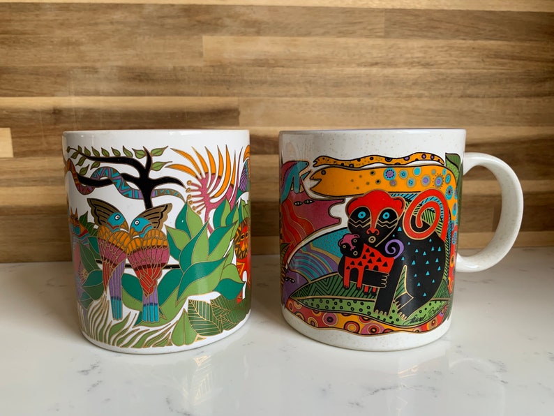 Vintage Laurel Burch Coffee Mugs Set, Amazonia and Secret Jungle, Made in Japan, Vibrant colors, Gold and White, 1990's Collectible Mugs image 4