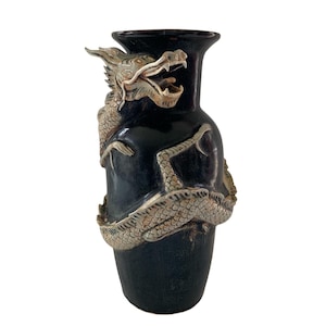Vintage Large Dynamic 14&quot; Asian Chinese Thai Dragon Ceramic Vase Art Sculpture Statue Decor, Made in Thailand