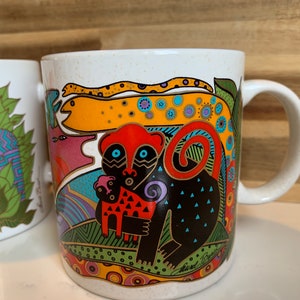 Vintage Laurel Burch Coffee Mugs Set, Amazonia and Secret Jungle, Made in Japan, Vibrant colors, Gold and White, 1990's Collectible Mugs image 3