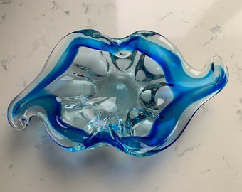 Hand Blown Blue Glass Murano Style, Ashtray, Candy Dish, Cigar Tray, Large Blue Glass Dish