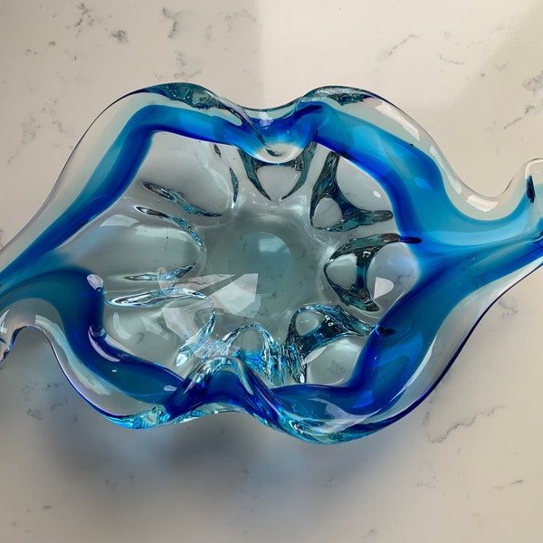 Hand Blown Blue Glass Murano Style, Ashtray, Candy Dish, Cigar Tray, Large Blue Glass Dish