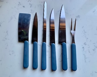 Vintage Knife Set, Plastic Blue Handle Kitchen Knives, Set of 6, Butcher Cleaver, Large Chopping Knife, Bread Knife, Serving Fork