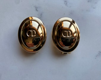 Vintage Christian Dior Gold Tone CD Oval Clip on Earrings Designer Haute Couture Signed