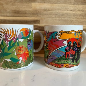 Vintage Laurel Burch Coffee Mugs Set, Amazonia and Secret Jungle, Made in Japan, Vibrant colors, Gold and White, 1990's Collectible Mugs image 2