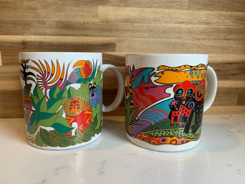 Vintage Laurel Burch Coffee Mugs Set, Amazonia and Secret Jungle, Made in Japan, Vibrant colors, Gold and White, 1990's Collectible Mugs image 2