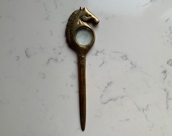 MCM Solid Brass Horse Letter Opener with Magnifying Glass, Vintage Desktop Collectible