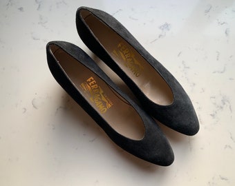 Salvatore Ferragamo Black Suede Pumps with Block Heal, Made in Italy, Size 6 1/2 AA, Leather Bottom, Suede upper, 2" heel