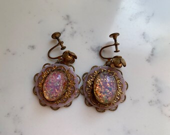 1.75CLIP ON earrings FAUX OPAL pearl ANTIQUE STYLE crystal GOLD TONE filigree 1.75CLIP ON earrings FAUX OPAL pearl ANTIQUE STYLE crystal GOLD TONE filigree