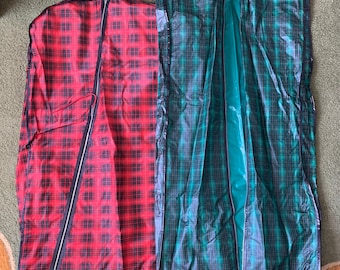 Vintage Green and Red Plaid Tartan Hanging Garment Bags, Set of Two, Luggage Travel Bag, Closet Organizer, Clothing Protector