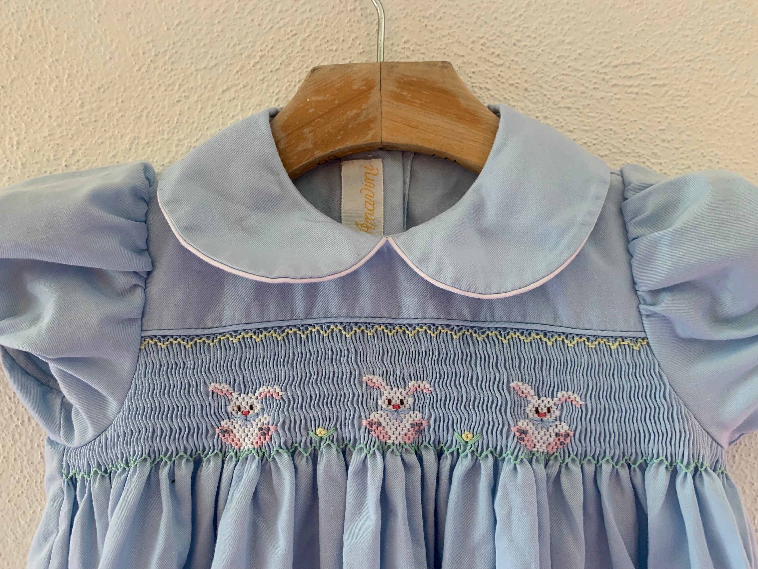 Anavini Girls Blue Gingham Smocked Peter Rabbit Bishop Dress main image 0