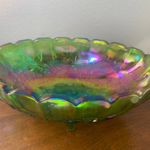 Large Green Carnival Glass Footed Centerpiece oval shaped Compote 12 x 8 1/2, Indiana Iridescent Glass image 4