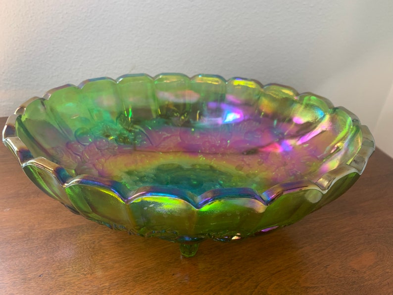 Large Green Carnival Glass Footed Centerpiece oval shaped Compote 12 x 8 1/2, Indiana Iridescent Glass image 4