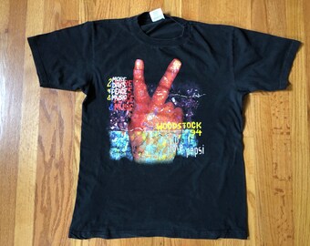 トップス Woodstock 1994 Festival Official t-shirt Woodstock 1994 T-Shirt Black XL Vintage 90's Band List On Back EUC