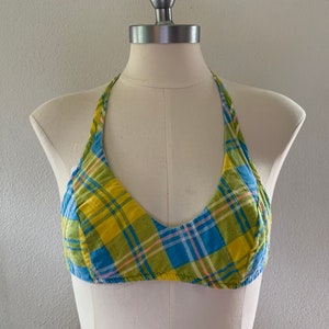 1970&#39;s Cotton Seersucker Halter Style Bikini Top, Swimsuit, Bathing Suit, Retro Bikini Top, Turquoise Yellow Green, 70&#39;s halter top