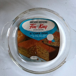 Fire King 8” Cake Pan with Original Label 1960&#39;s vintage Bakeware