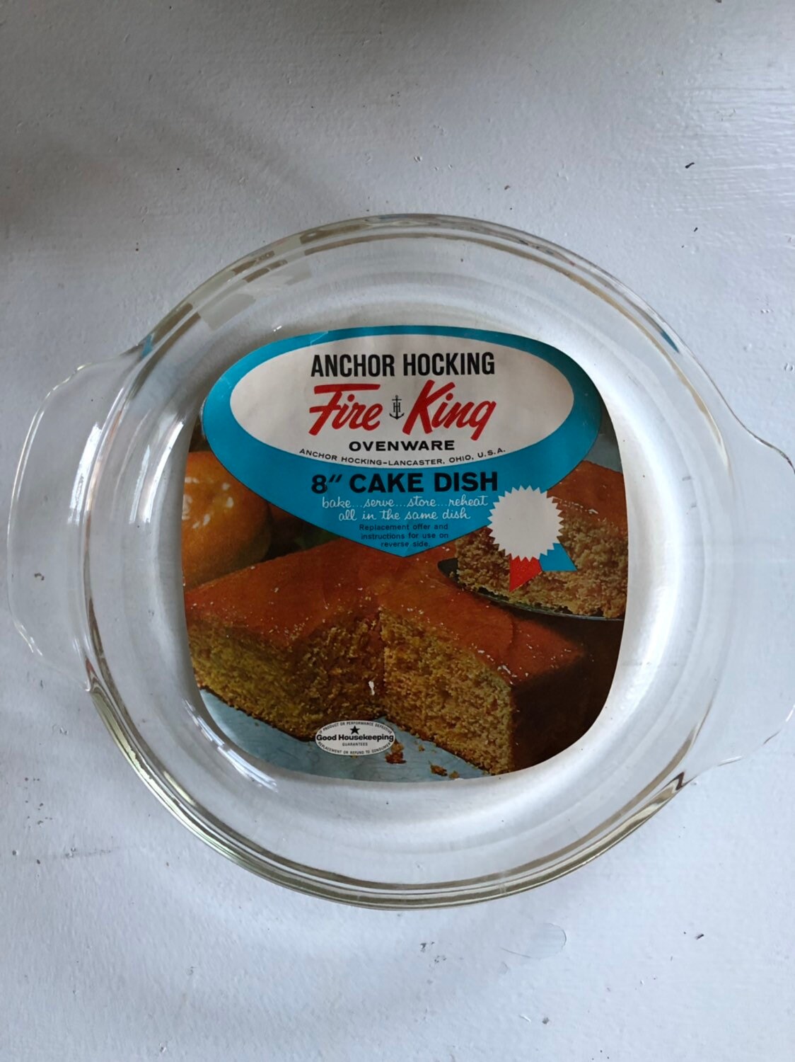 Fire King 8” Cake Pan With Original Label 1960's Vintage Bakeware