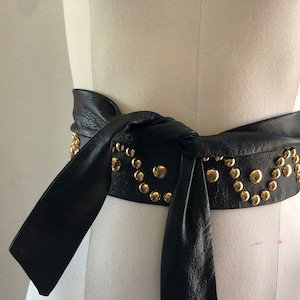Vintage Christian Dior for Saks Fifth Avenue 2907 Adjustable Size Black Leather Belt with Gold studs, Ties at waist 1980&#39;s  belts Size S