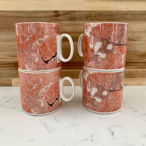 Villeroy en Boch Siena cappuccinokop/mok, vervangende borden jaren 80 gemarmerd perzik zalm zwart porselein, Depius 1748, Luxemburg