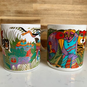 Vintage Laurel Burch Coffee Mugs Set, Amazonia and Secret Jungle, Made in Japan, Vibrant colors, Gold and White, 1990's Collectible Mugs image 1