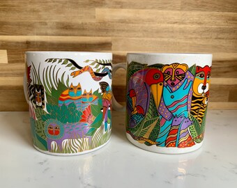 Vintage Laurel Burch Coffee Mugs Set, Amazonia and Secret Jungle, Made in Japan, Vibrant colors, Gold and White, 1990's Collectible Mugs