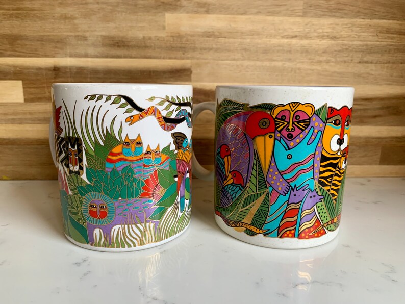 Vintage Laurel Burch Coffee Mugs Set, Amazonia and Secret Jungle, Made in Japan, Vibrant colors, Gold and White, 1990's Collectible Mugs image 1