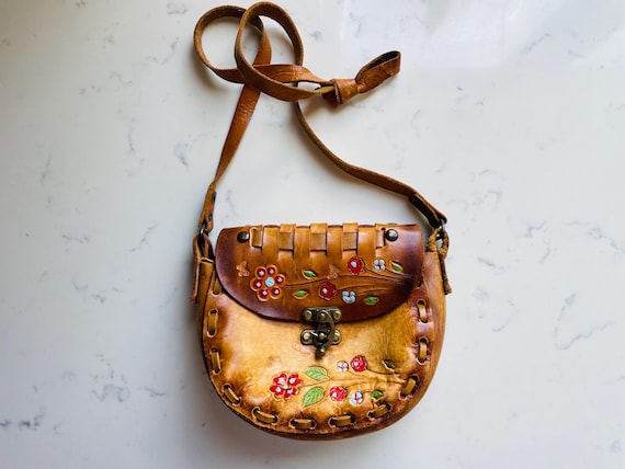 Hand Tooled, Hand Painted Vintage Crossbody Leather bag, Made in Mexico