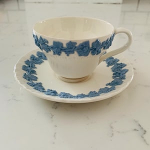 Wedgwood Etruria Barlaston Queens Ware Lavender on Cream Embossed/Raised Leaf Cup and Saucer