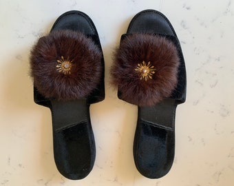 Vintage Slippers, 1950's Boudoir, Black Velvet Slides with Fur Pom and Starburst Jewel, Size 7B, House shoes, Black Evening Shoes