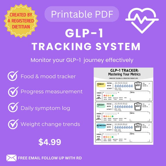 glp 1 dietitian GLP-1 Daily Tracker for Ozempic Wegovy Mounjaro Tirzepatide Semaglutide |  Food Mood Weight Log | Dietitian Tool