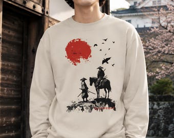 Samurai Sweatshirt | Organic Cotton Unisex Japanese Warrior Sweater | Samurai on Horse Art Top