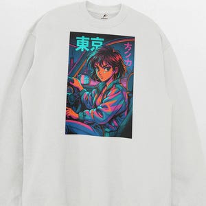 Anime Streetwear Unisex Organic Cotton Sweatshirt | 90s Vaporwave Tokyo Girl Design | Retro Urban Aesthetic for Fans & Creatives