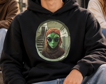 Alien Behind Door Peephole Hoodie | Sci-Fi Illustration | Organic Cotton Unisex Hoodie