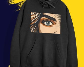 Sudadera con capucha Pop Art Eye, sudadera unisex de algodón orgánico con estampado de estilo cómic.