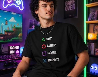 Eat Sleep Game Repeat T-Shirt | Organic Cotton Unisex Gamer Tee | Controller Symbols Gaming Shirt