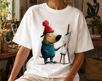 Painter Dog T-Shirt for Artists & Dog Lovers, Organic Cotton Graphic Tee Gift
