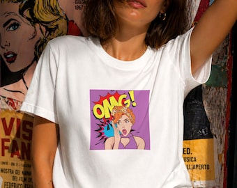Camiseta Pop Art em Algodão Orgânico: Camiseta com Estampa Retrô de Quadrinhos